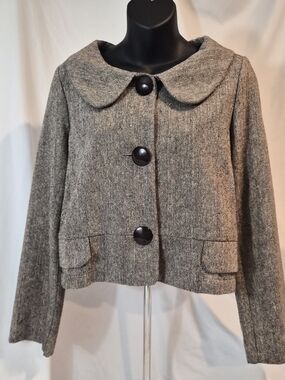 Collective Clothing Tweed Crop Jacket Peter Pan Collar Vintage Retro Gray M